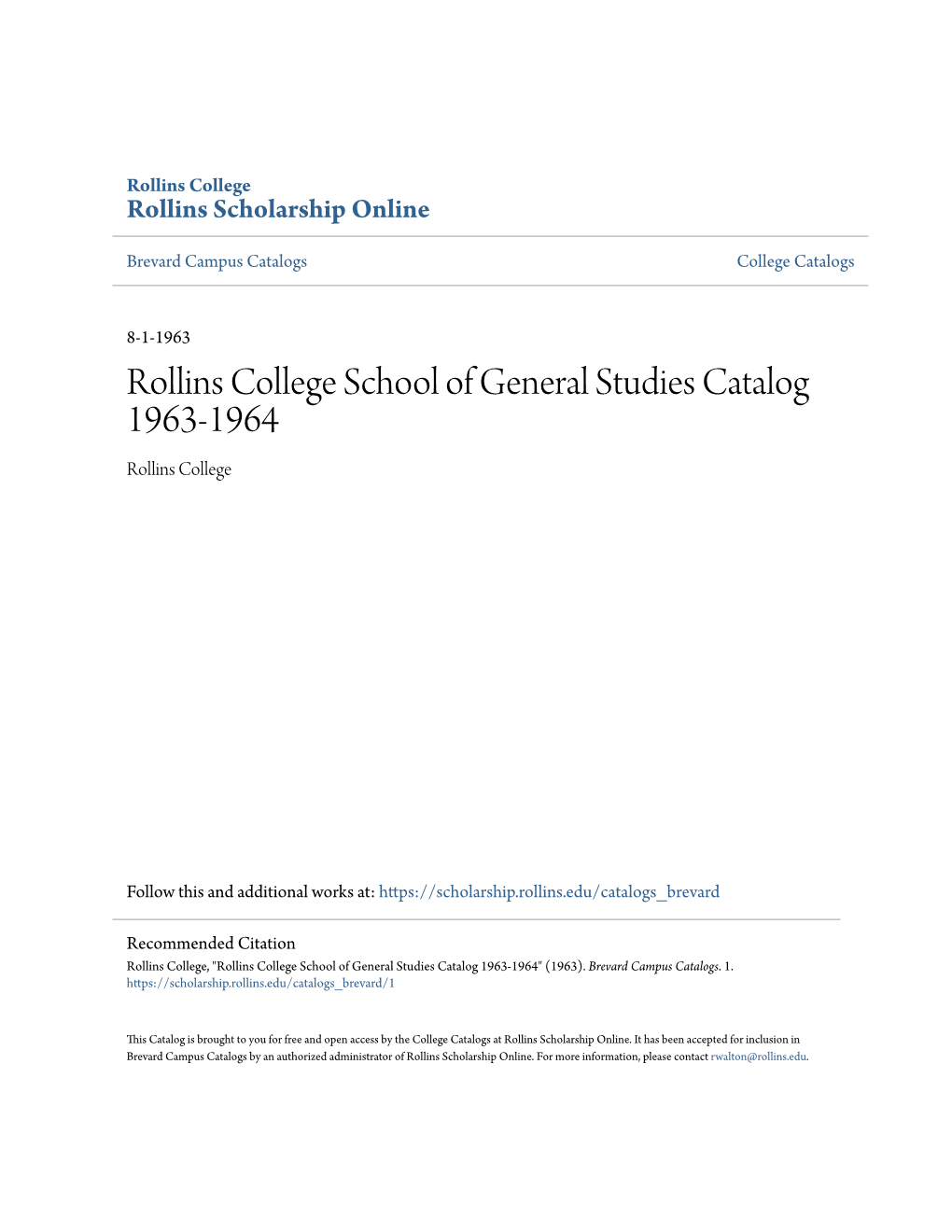 Rollins College School of General Studies Catalog 1963-1964 Rollins College