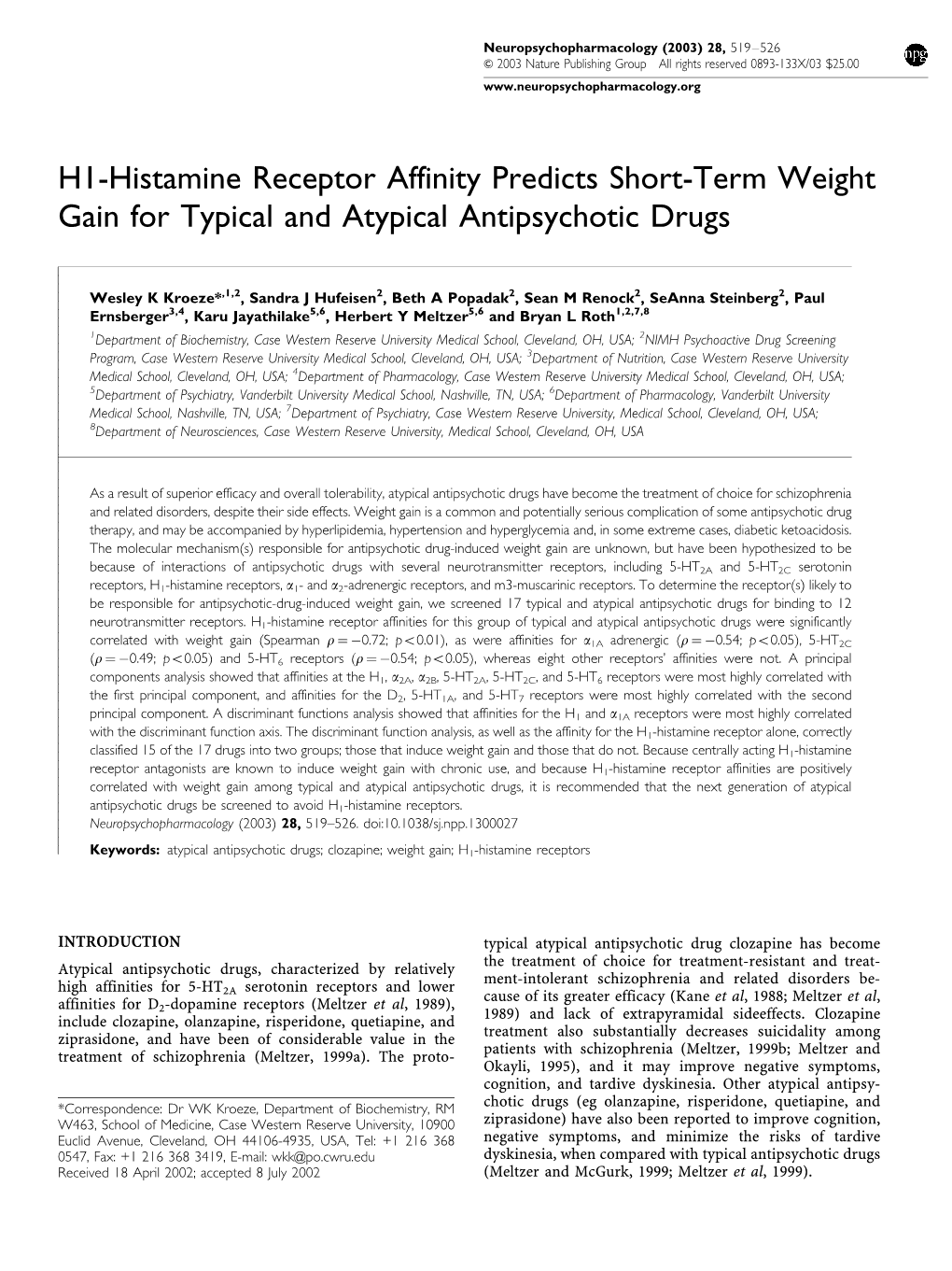 H1-Histamine Receptor Affinity Predicts Short-Term Weight Gain for Typical and Atypical Antipsychotic Drugs