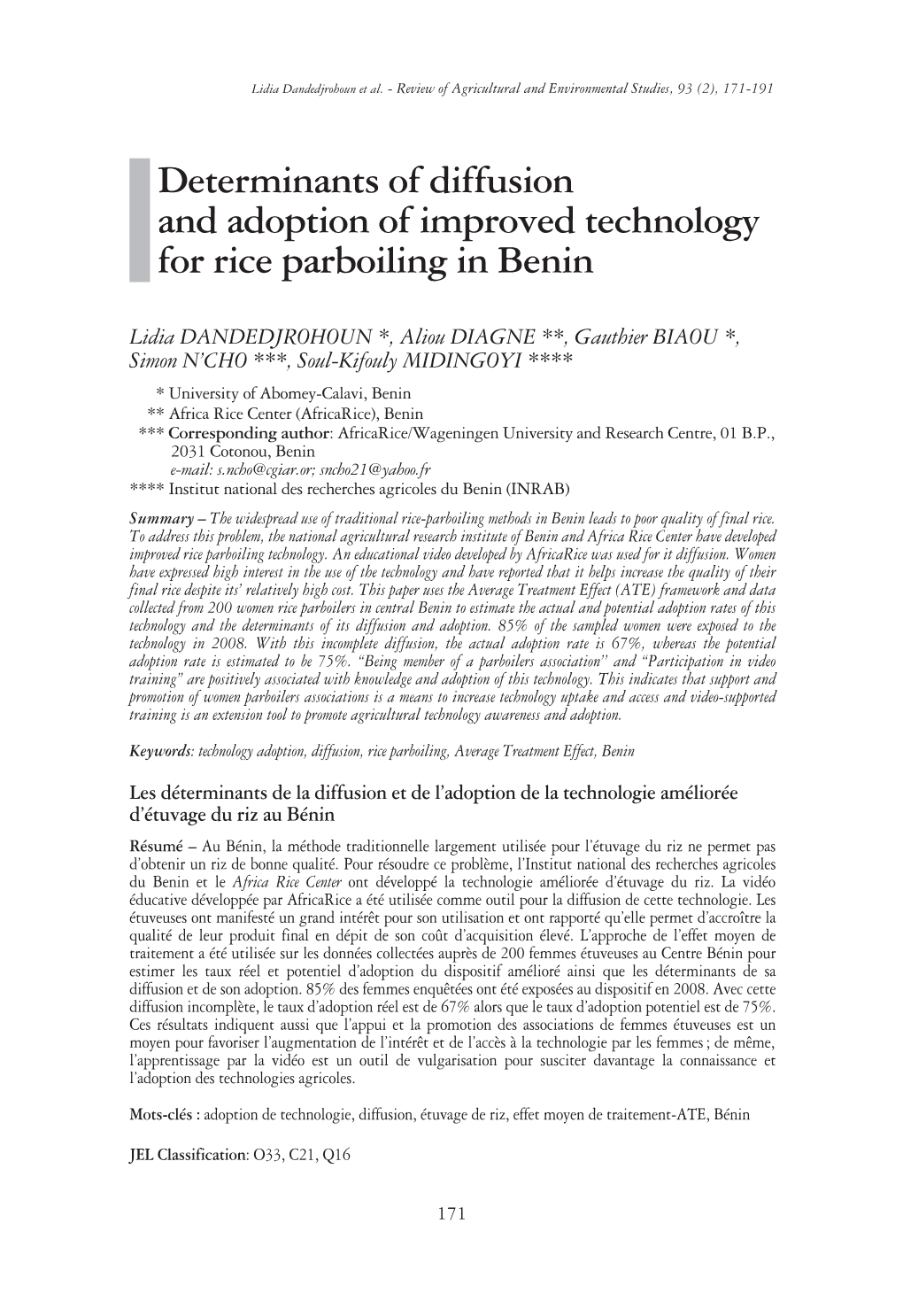 Determinants of Diffusion and Adoption of Improved Technology for Rice Parboiling in Benin