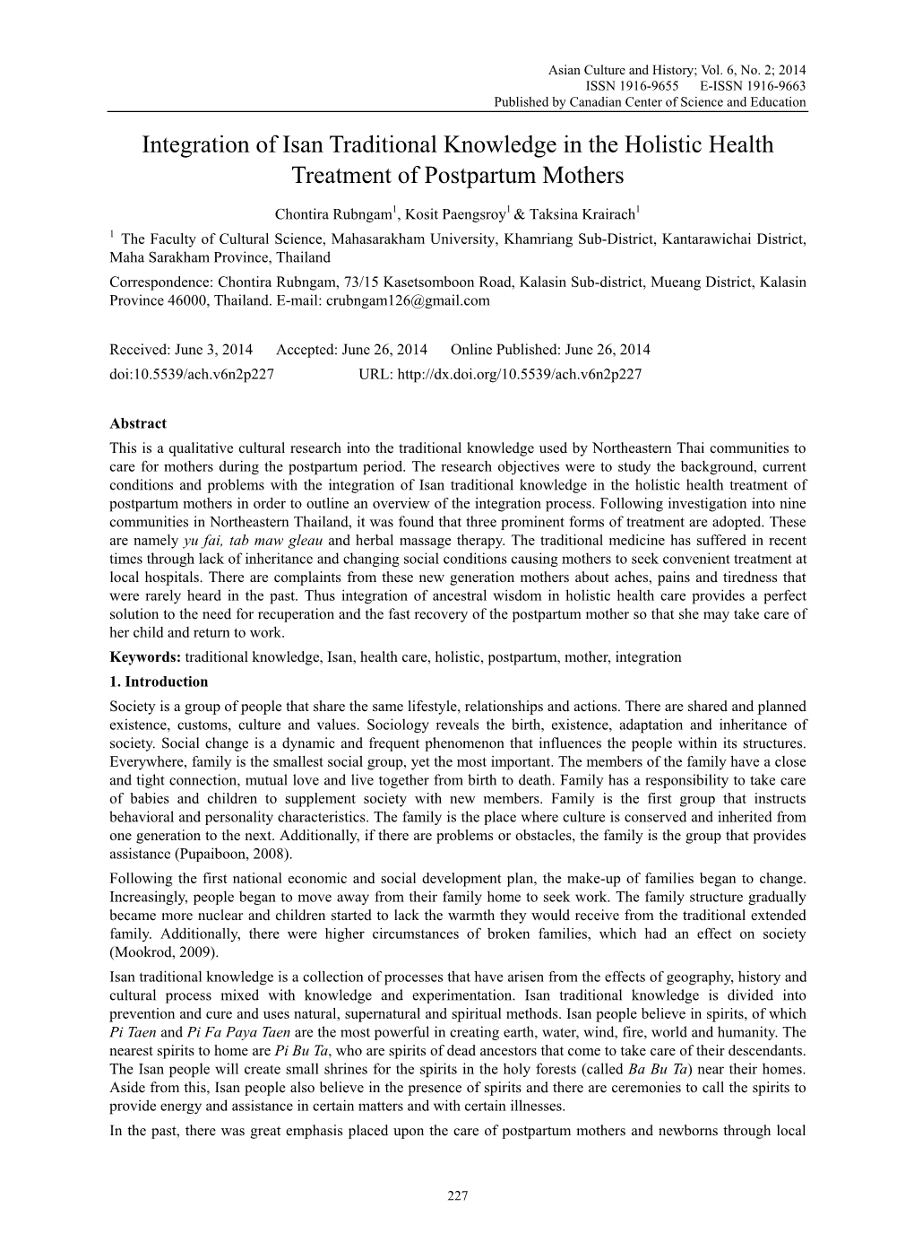 Integration of Isan Traditional Knowledge in the Holistic Health Treatment of Postpartum Mothers