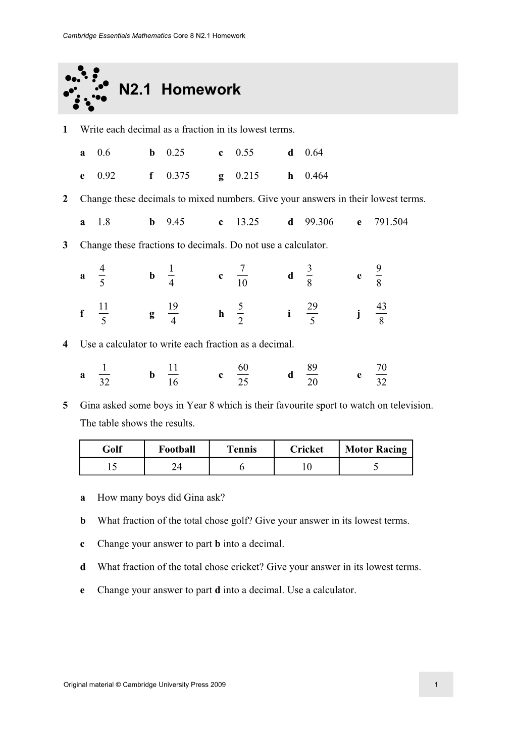 Cambridge Essentials Mathematics Core 8 N2.1 Homework