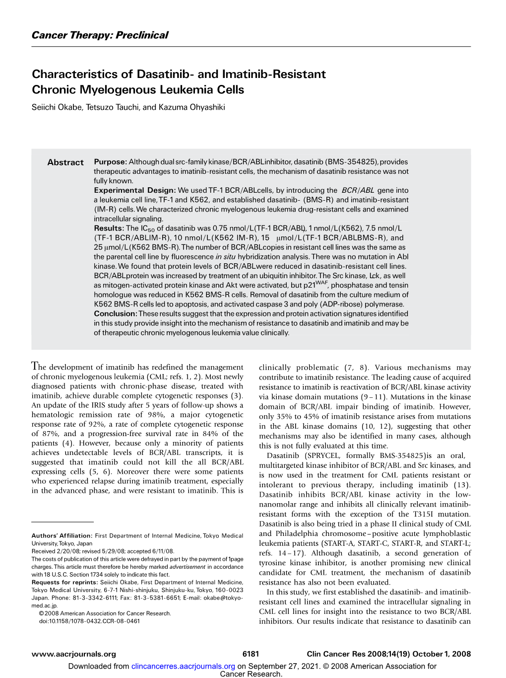 And Imatinib-Resistant Chronic Myelogenous Leukemia Cells Seiichi Okabe, Tetsuzo Tauchi, and Kazuma Ohyashiki