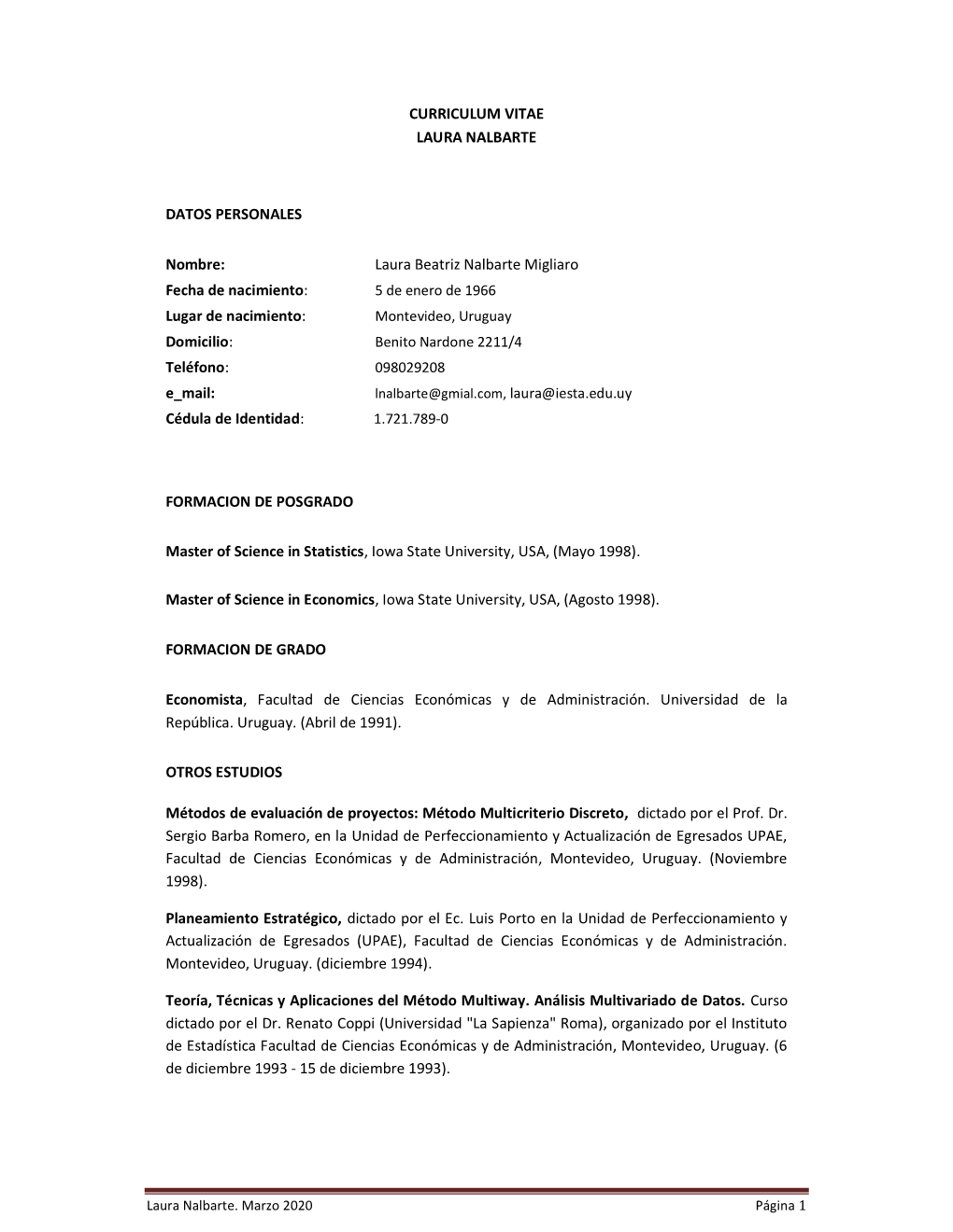 CURRICULUM VITAE LAURA NALBARTE DATOS PERSONALES Nombre