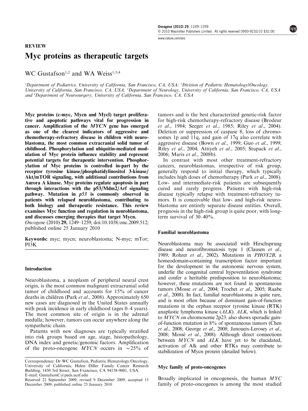 Myc Proteins As Therapeutic Targets