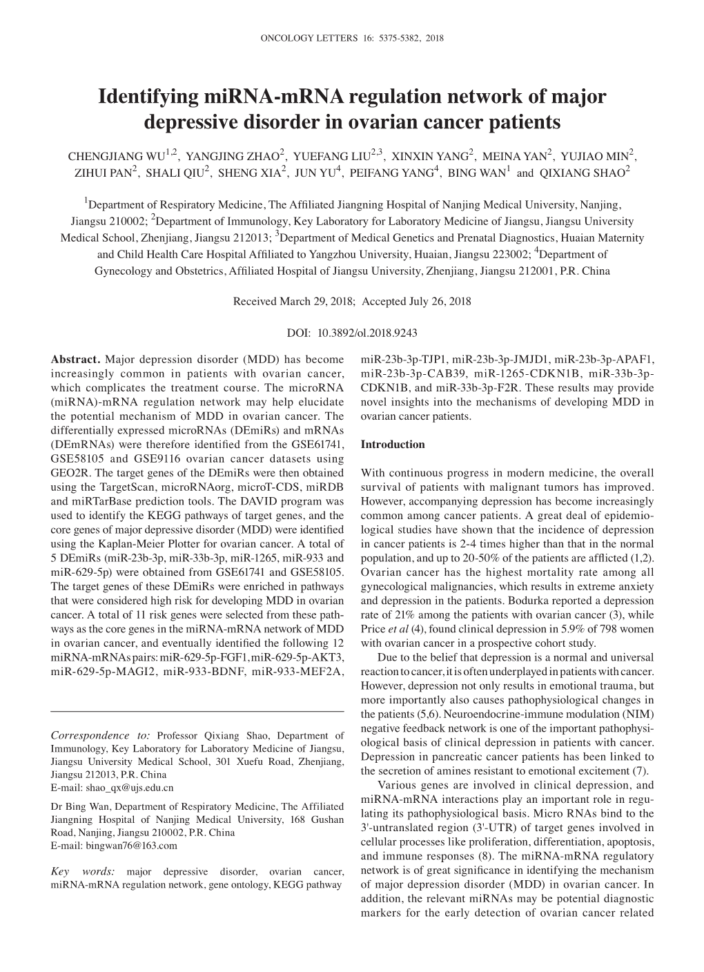 Identifying Mirna‑Mrna Regulation Network of Major Depressive Disorder in Ovarian Cancer Patients