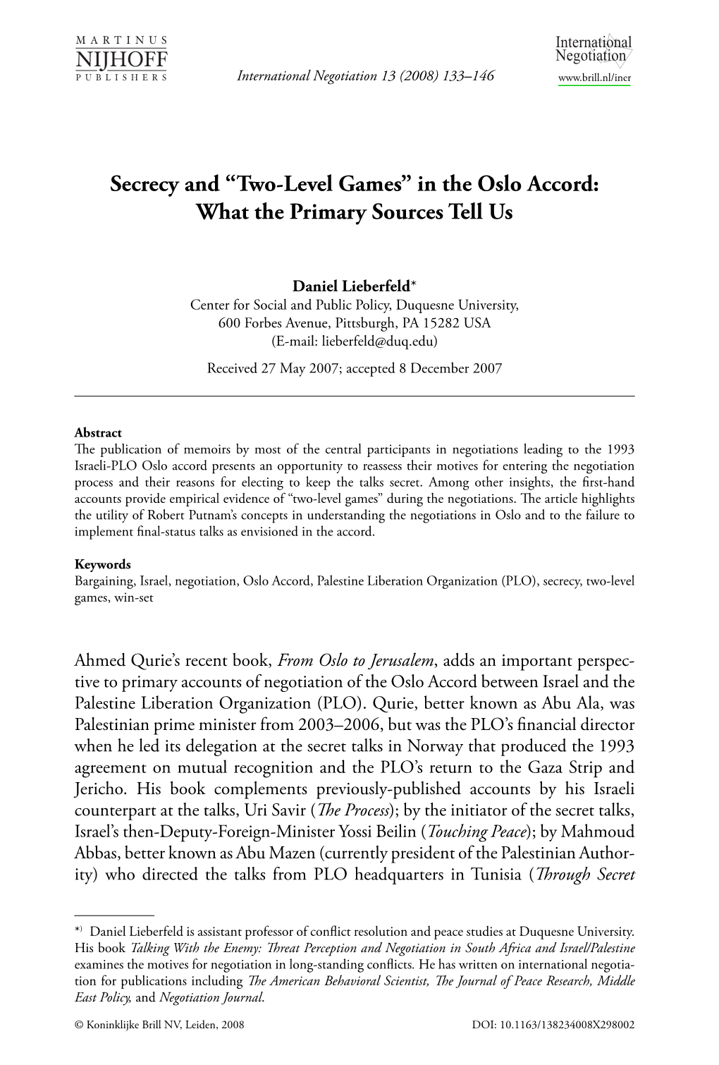 Secrecy and “Two-Level Games” in the Oslo Accord: What the Primary Sources Tell Us