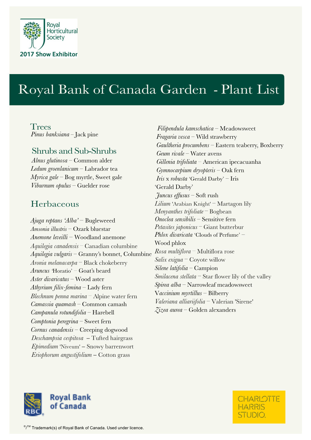 Royal Bank of Canada Garden - Plant List