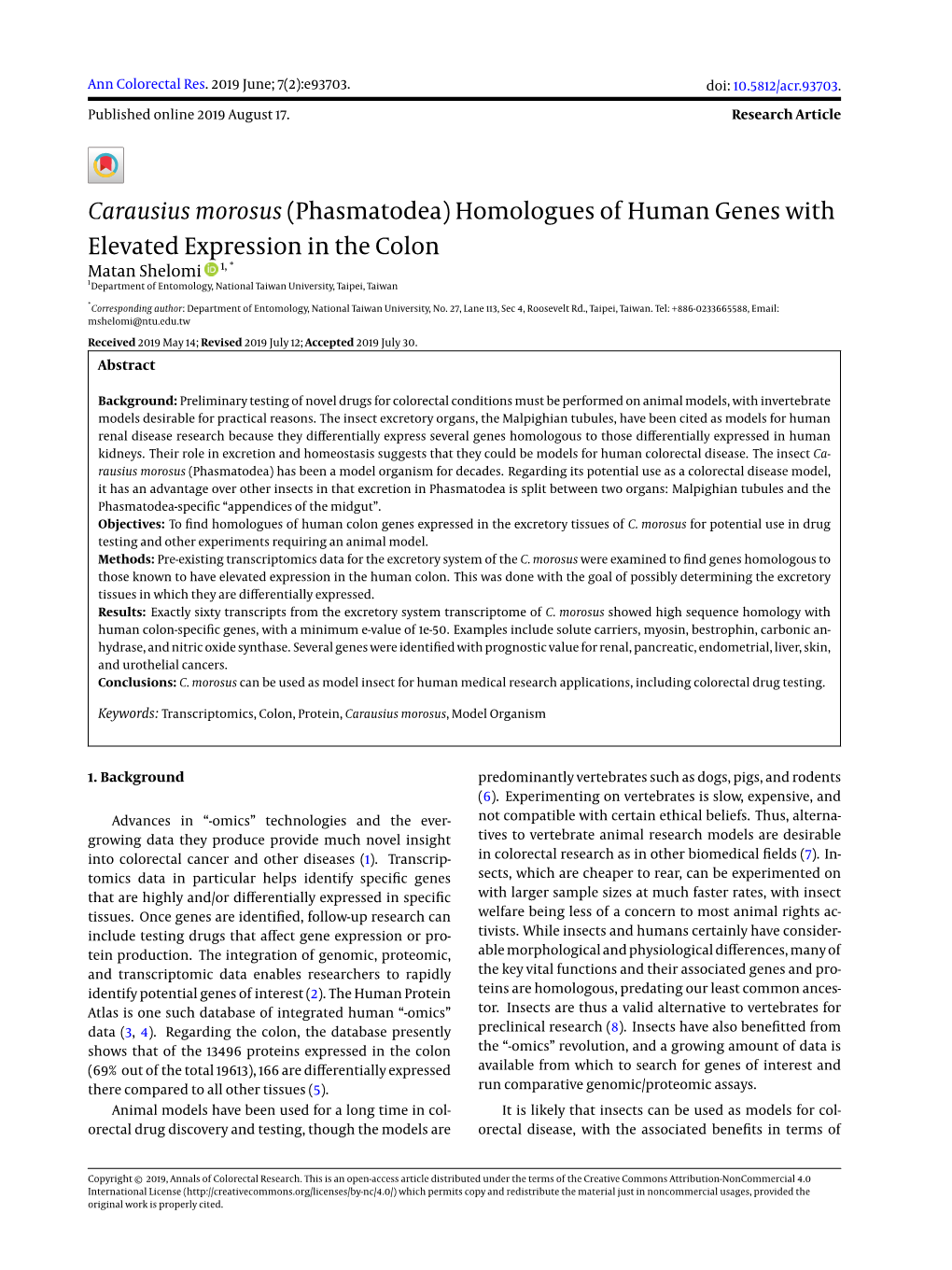 Carausius Morosus (Phasmatodea) Homologues of Human Genes with Elevated Expression in the Colon