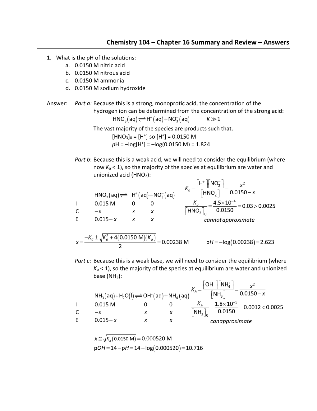 Chemistry 104 – Chapter 16 Summary and Review – Answers