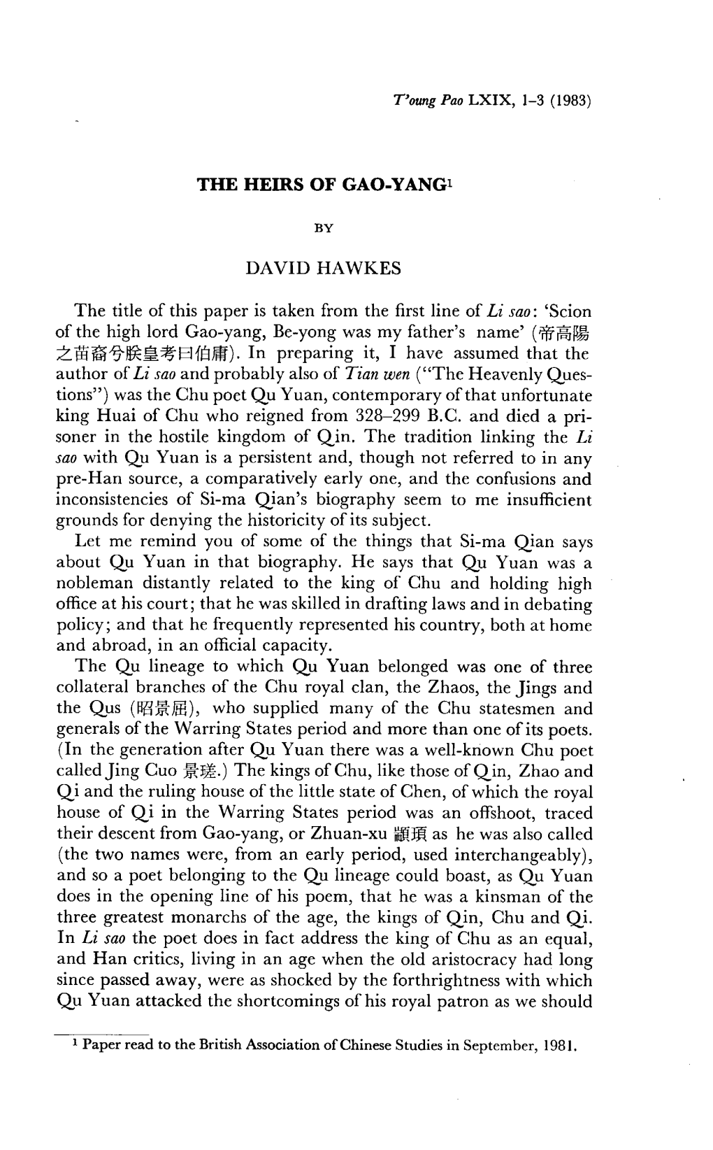 THE HEIRS of GAO-YANG1 by DAVID HAWKES the Title Of