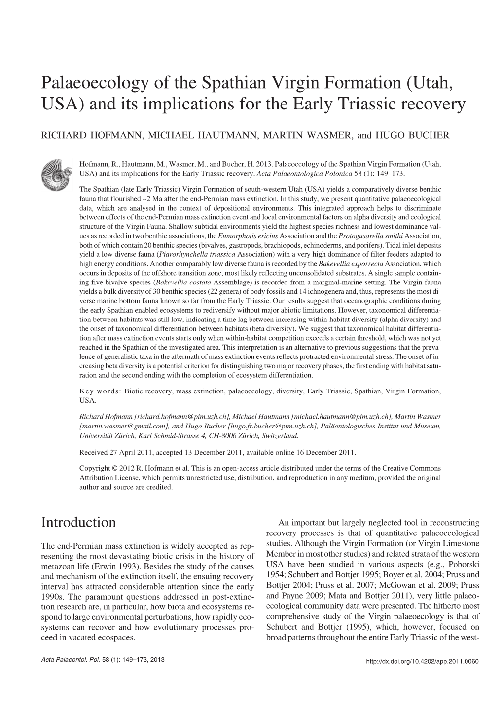 Palaeoecology of the Spathian Virgin Formation (Utah, USA) and Its Implications for the Early Triassic Recovery