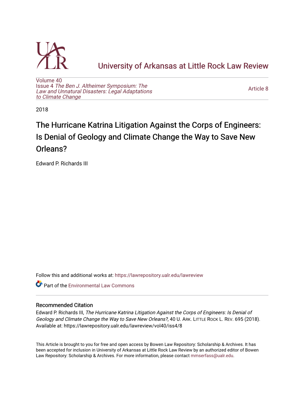 The Hurricane Katrina Litigation Against the Corps of Engineers: Is Denial of Geology and Climate Change the Way to Save New Orleans?