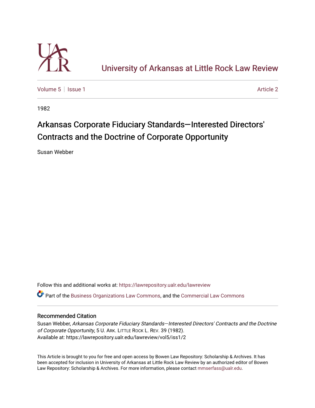 Arkansas Corporate Fiduciary Standards—Interested Directors' Contracts and the Doctrine of Corporate Opportunity