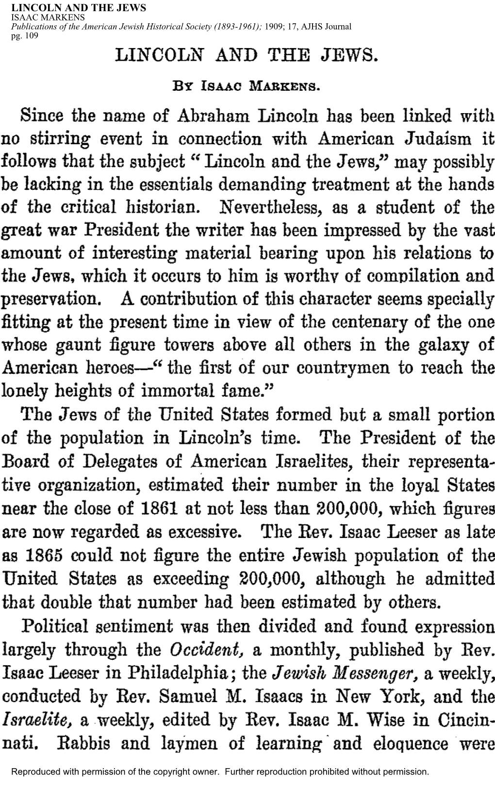 LINCOLN and the JEWS ISAAC MARKENS Publications of the American Jewish Historical Society (1893-1961); 1909; 17, AJHS Journal Pg