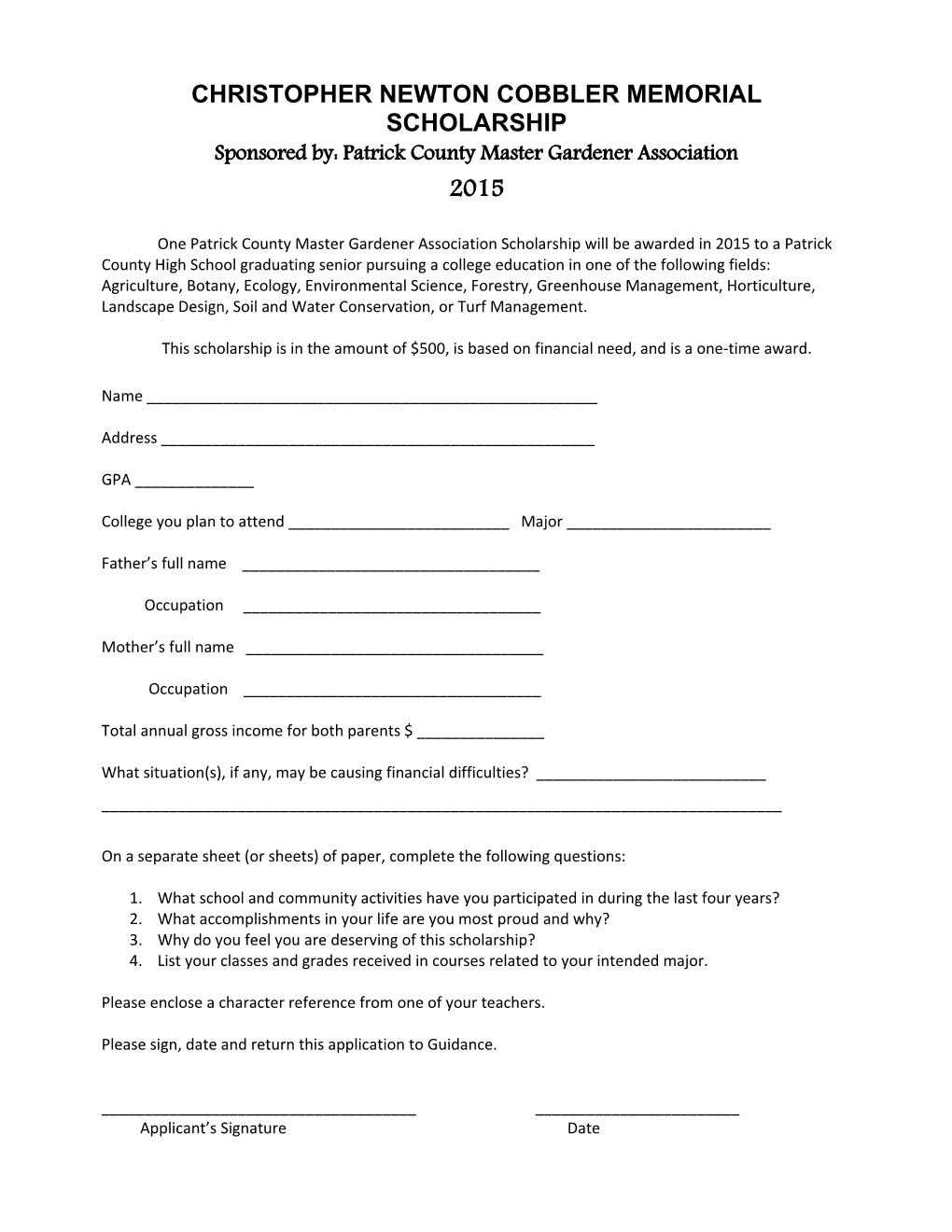 Patrick County Master Gardeners Scholarship