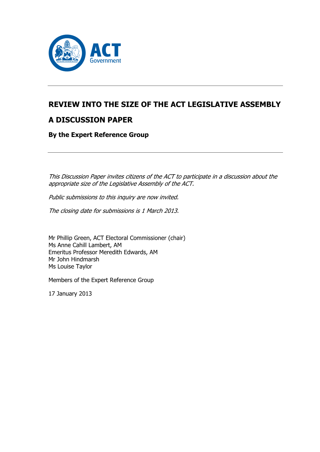 Assembly Size Discussion Paper 17 Jan 2013