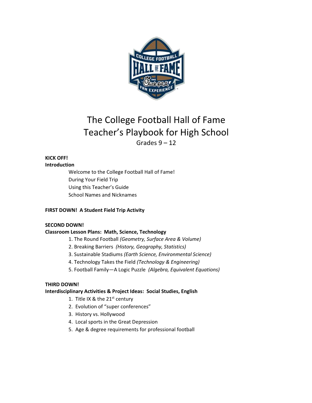 The College Football Hall of Fame Teacher's Playbook for High School