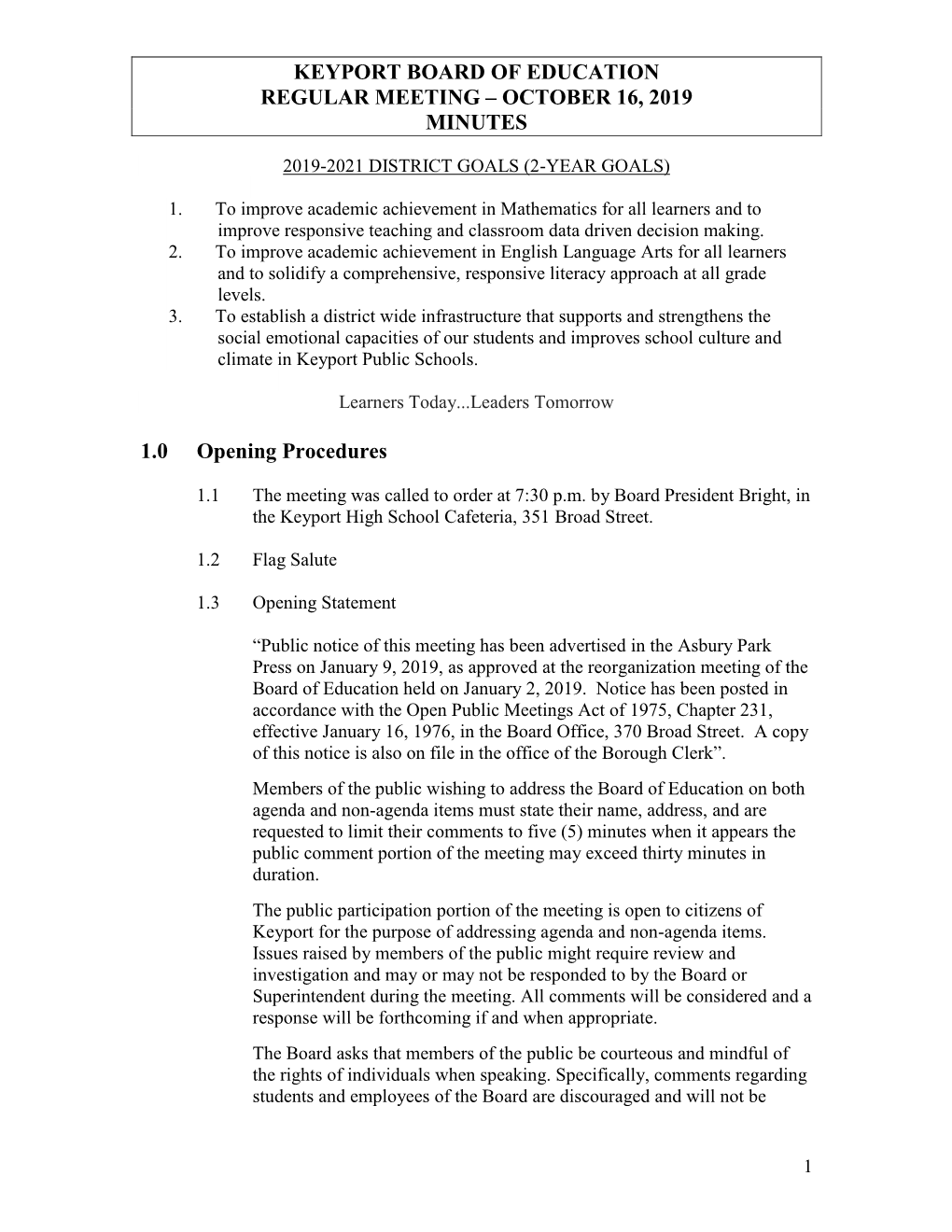 Keyport Board of Education Regular Meeting – October 16, 2019 Minutes