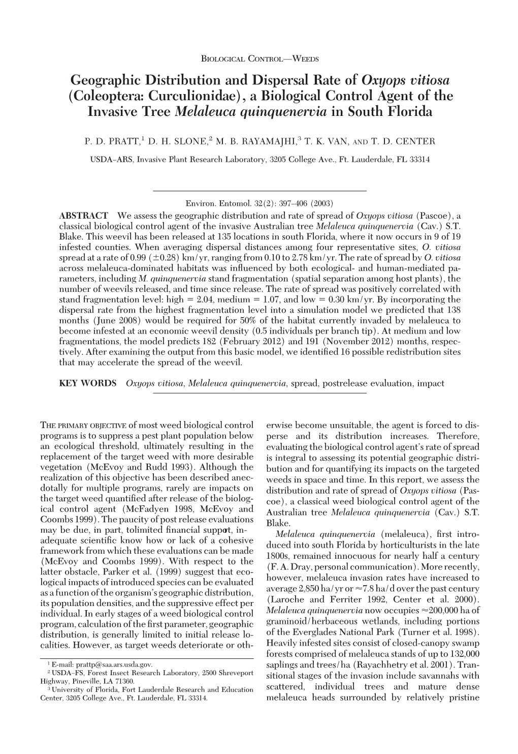 Geographic Distribution and Dispersal Rate of Oxyops Vitiosa