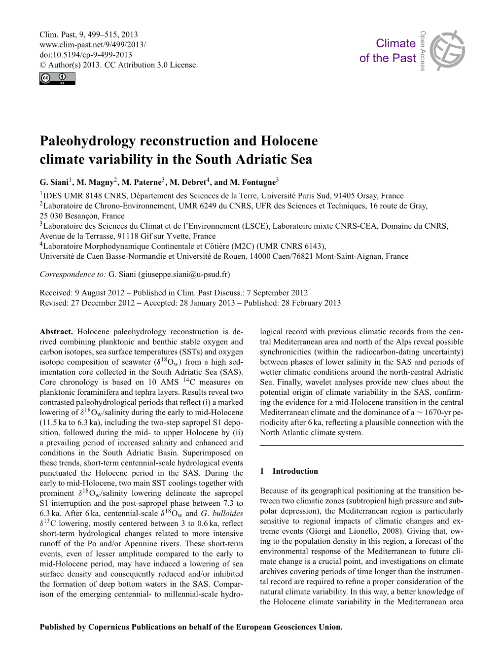 Paleohydrology Reconstruction and Holocene Climate Variability in The