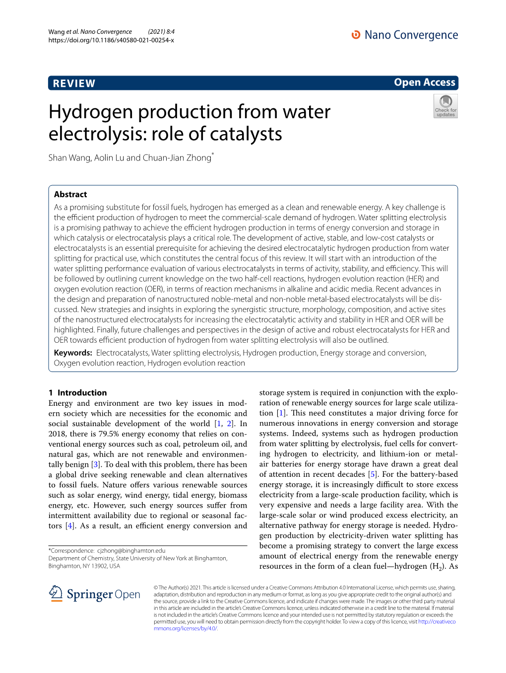 Hydrogen Production from Water Electrolysis: Role of Catalysts Shan Wang, Aolin Lu and Chuan‑Jian Zhong*