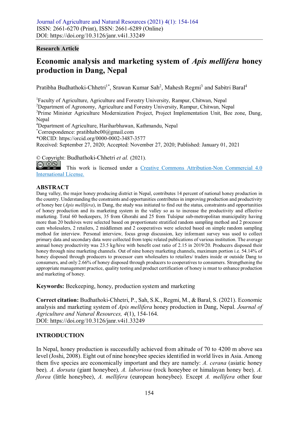 Economic Analysis and Marketing System of Apis Mellifera Honey Production in Dang, Nepal