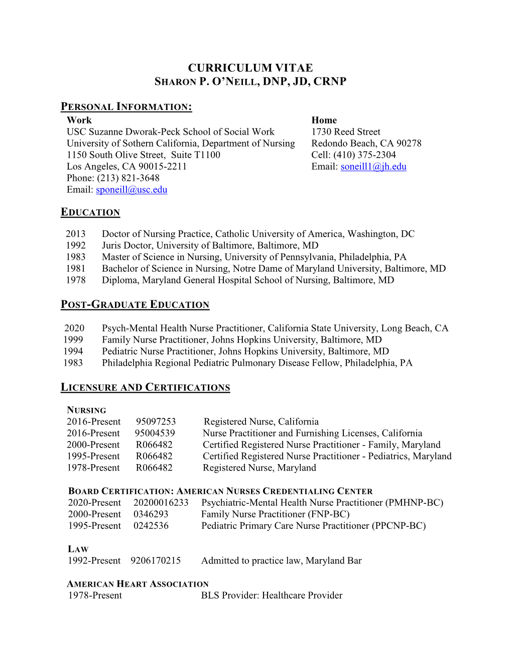 Curriculum Vitae Sharon P. O'n Eill, Dnp, Jd, Crnp