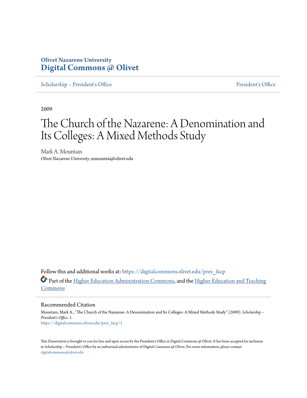 A Denomination and Its Colleges: a Mixed Methods Study Mark A