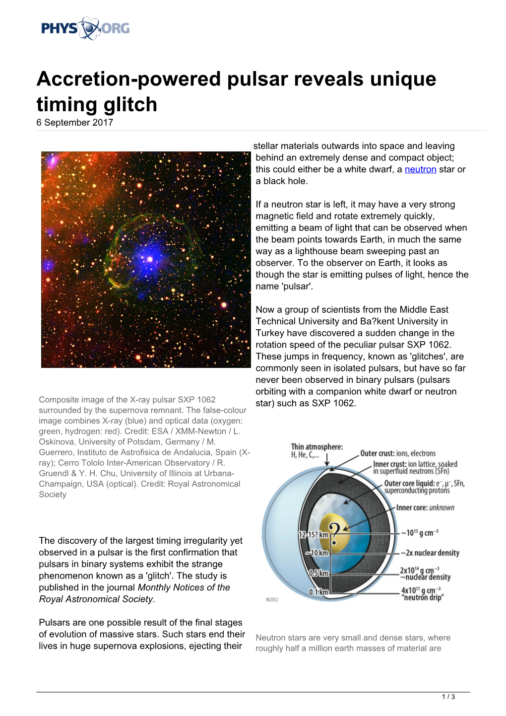 Accretion-Powered Pulsar Reveals Unique Timing Glitch 6 September 2017