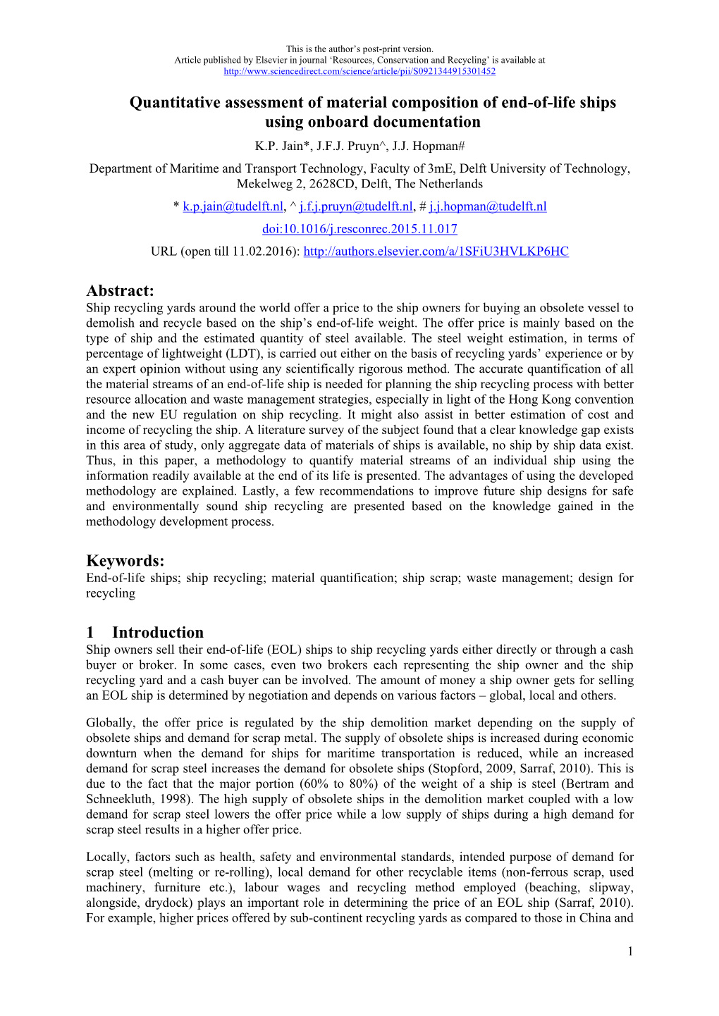 Quantitative Assessment of Material Composition of End-Of-Life Ships Using Onboard Documentation Abstract