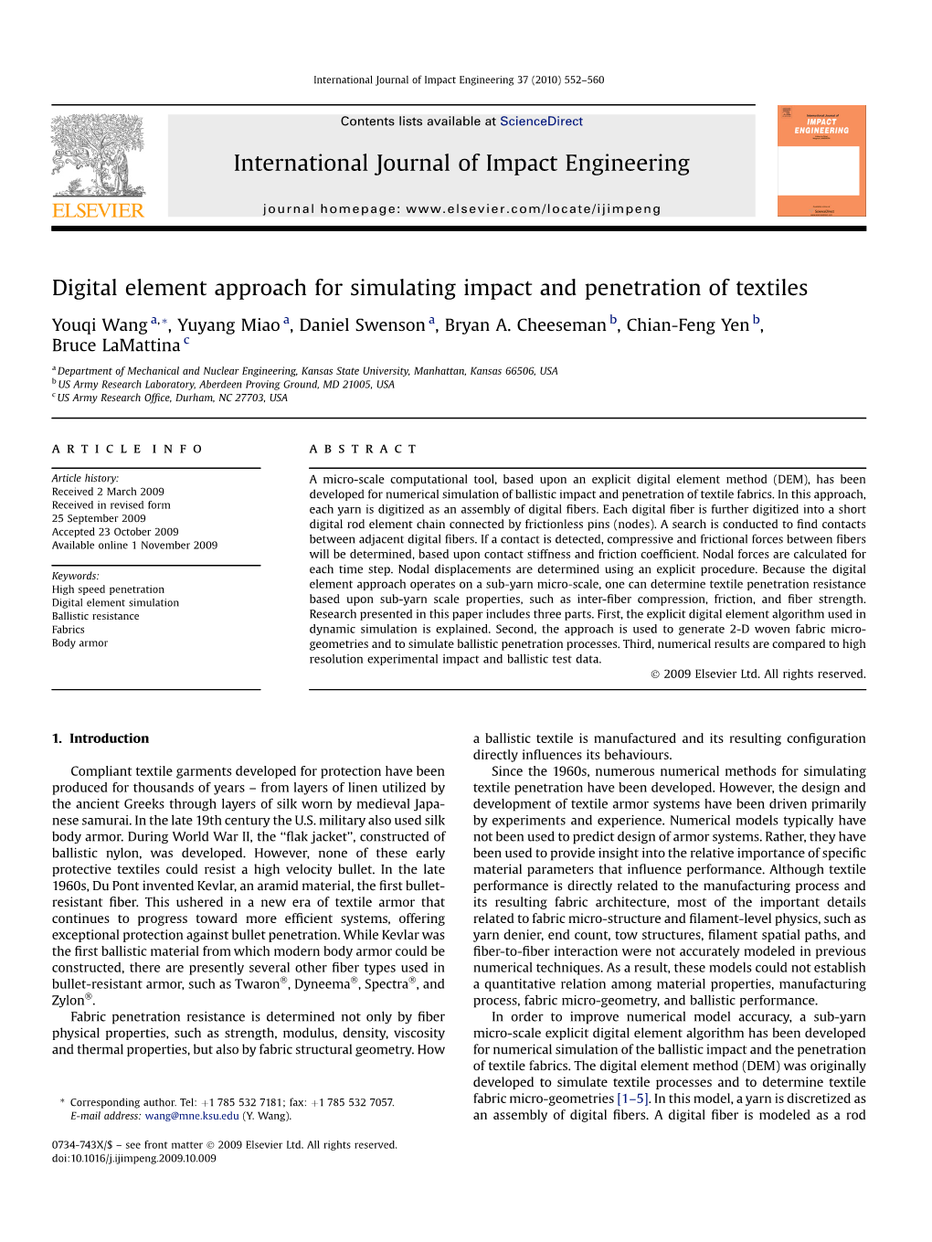 Digital Element Approach for Simulating Impact and Penetration of Textiles