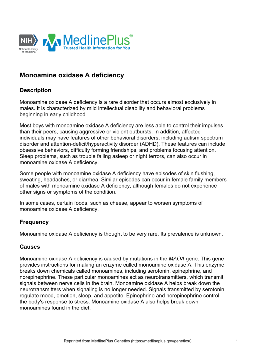 Monoamine Oxidase a Deficiency