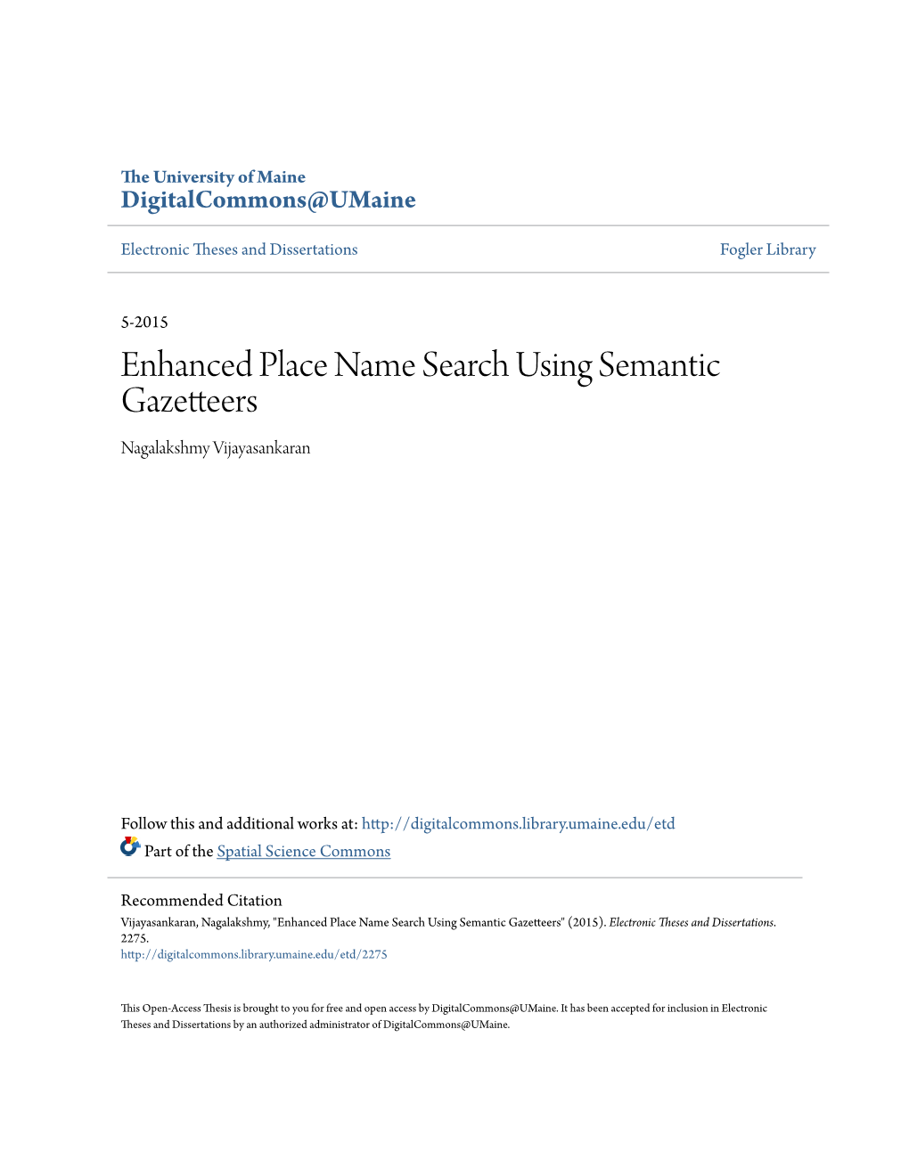 Enhanced Place Name Search Using Semantic Gazetteers Nagalakshmy Vijayasankaran
