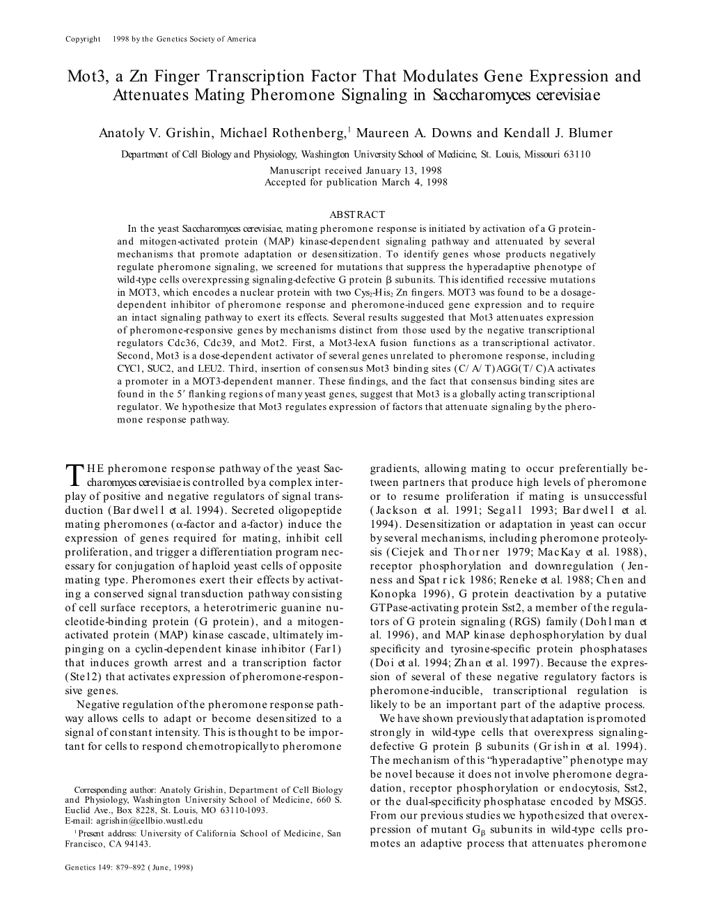 Mot3, a Zn Finger Transcription Factor That Modulates Gene Expression and Attenuates Mating Pheromone Signaling in Saccharomyces Cerevisiae