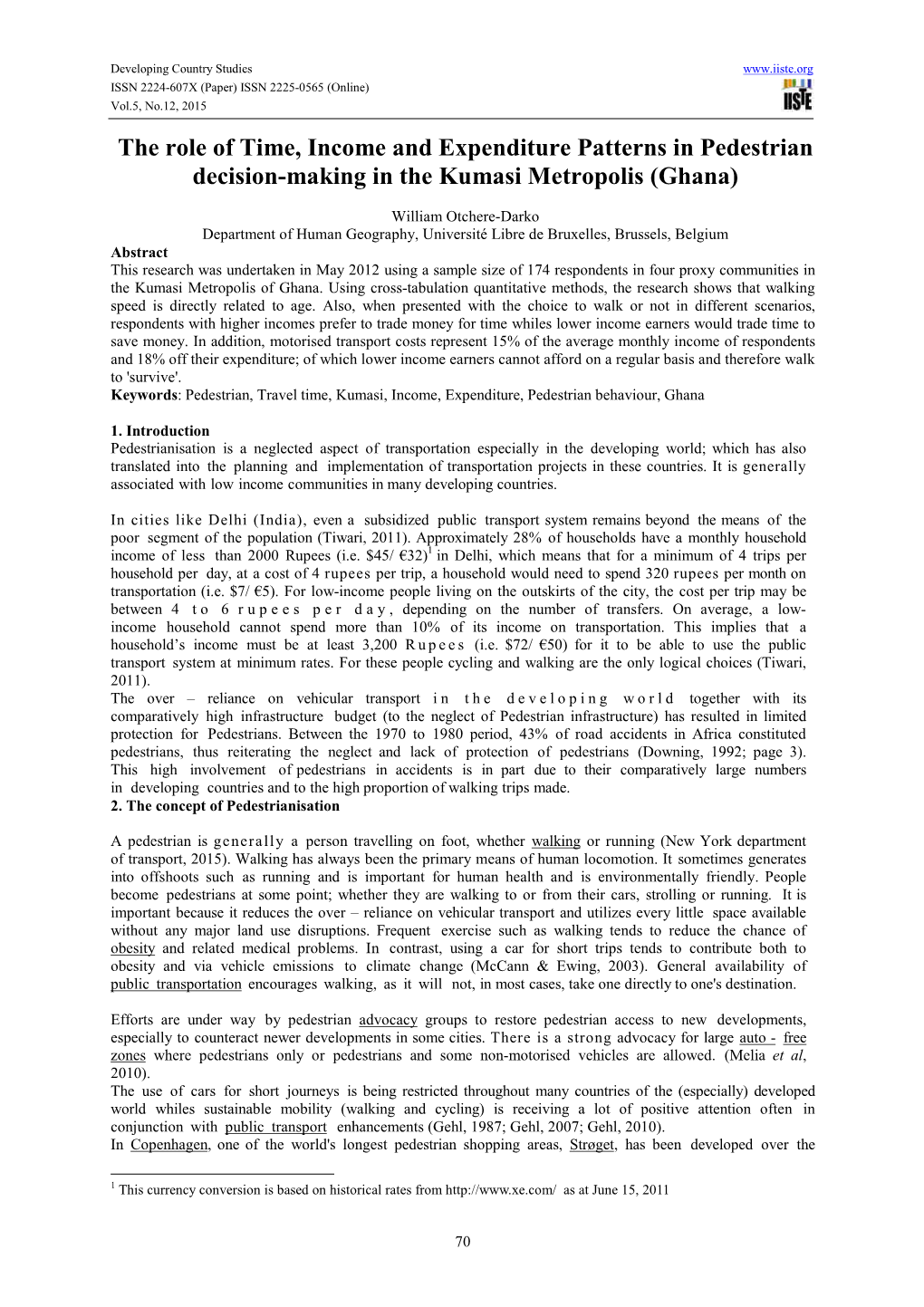 The Role of Time, Income and Expenditure Patterns in Pedestrian Decision-Making in the Kumasi Metropolis (Ghana)