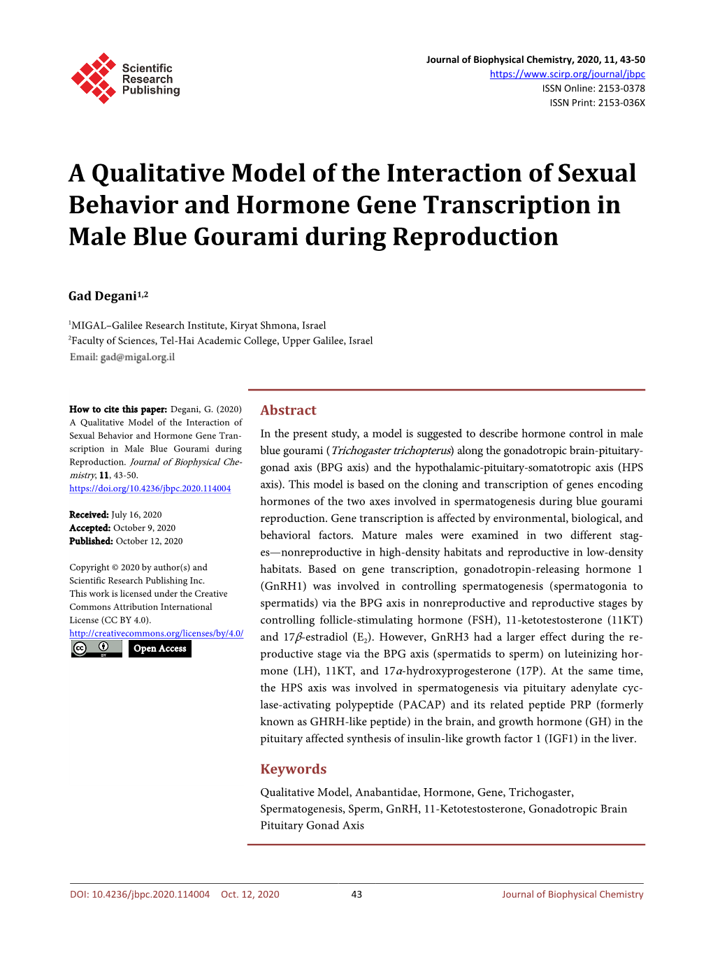 A Qualitative Model of the Interaction of Sexual Behavior and Hormone Gene Transcription in Male Blue Gourami During Reproduction