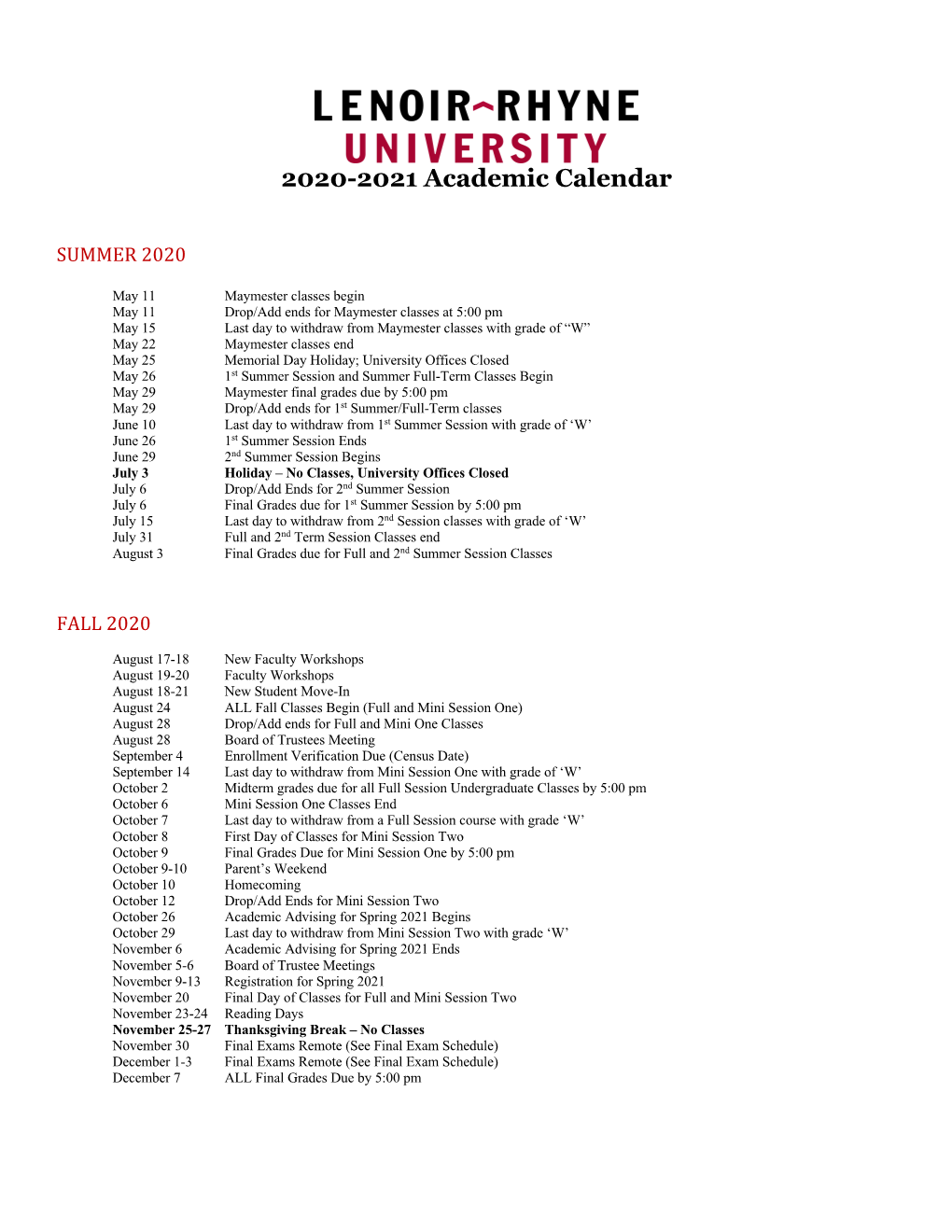 2020-2021 Academic Calendar