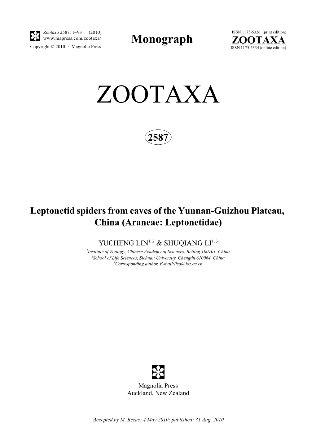 Zootaxa, Leptonetid Spiders from Caves of the Yunnan-Guizhou