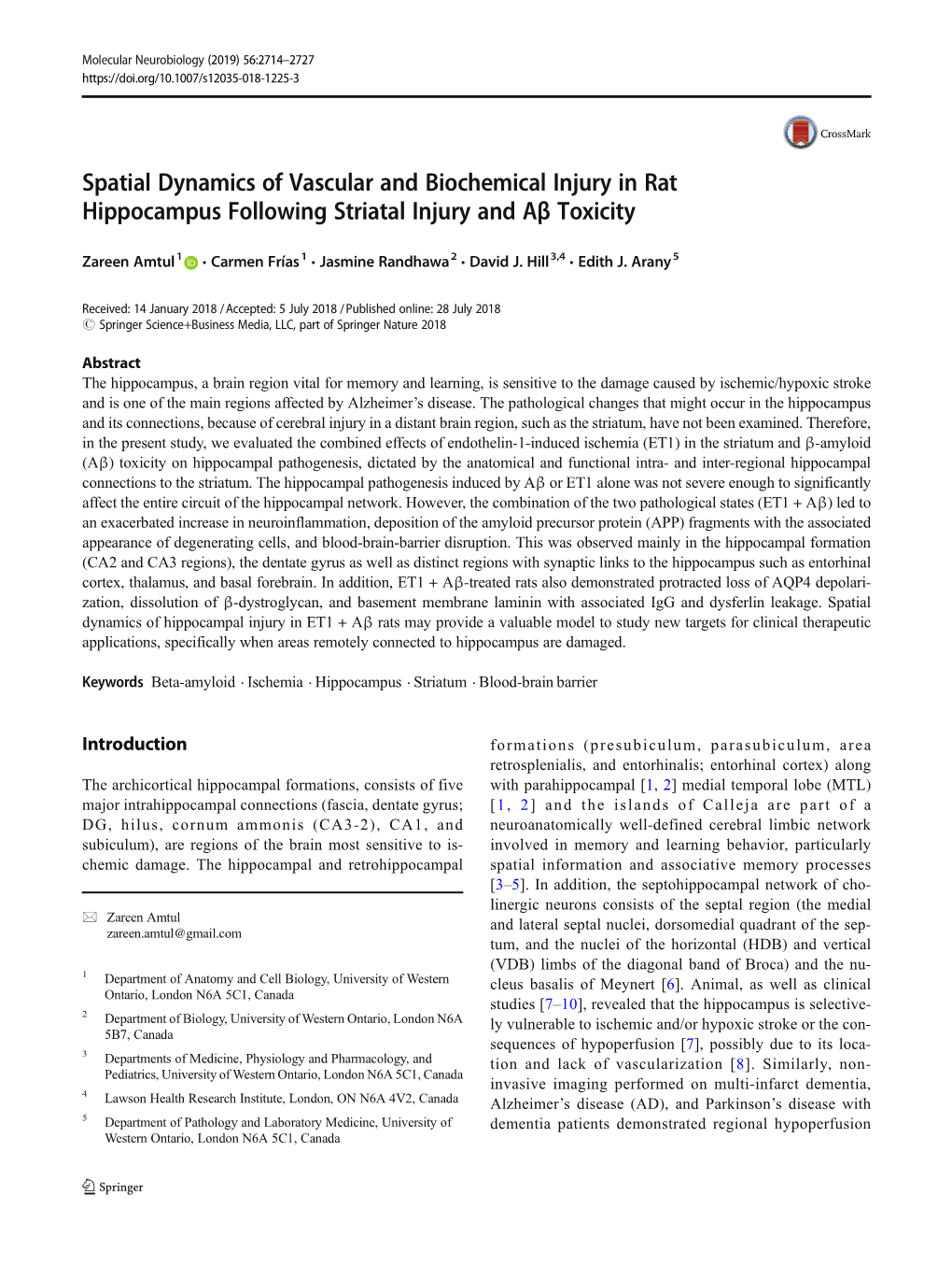 Spatial Dynamics of Vascular and Biochemical Injury in Rat Hippocampus Following Striatal Injury and Aβ Toxicity