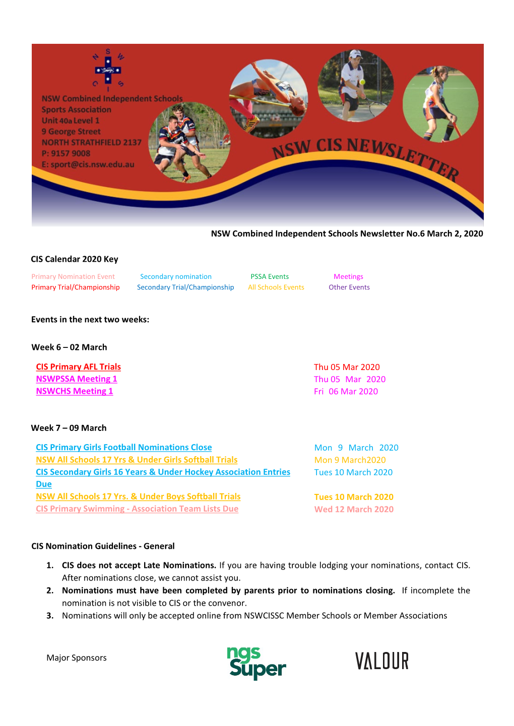 Major Sponsors NSW Combined Independent Schools Newsletter