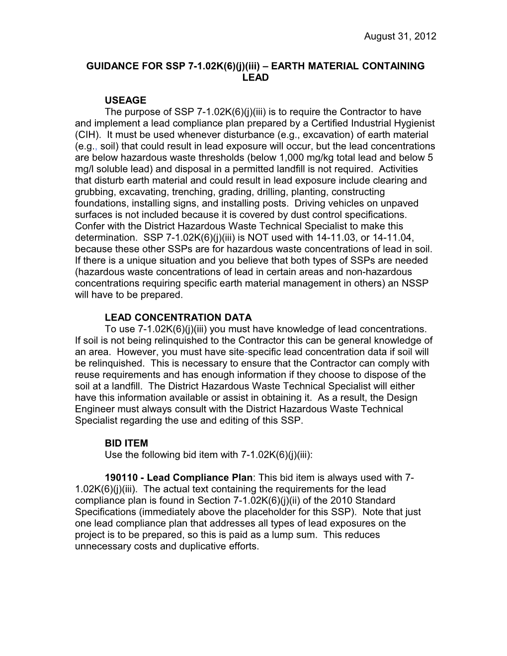 Guidance for Ssp 15-027 Earth Material Containing Lead