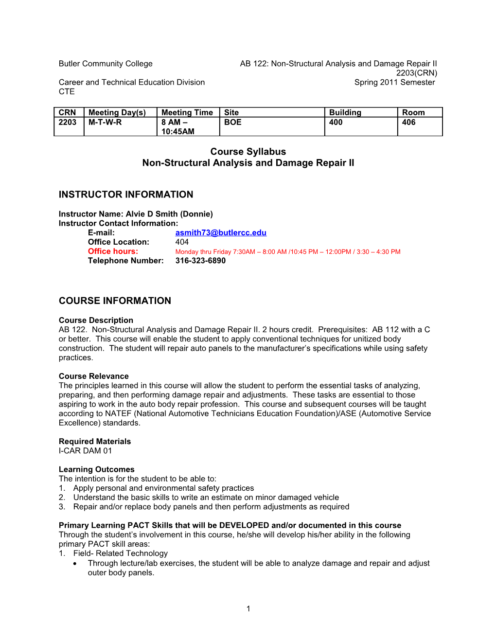 Course Name, Number and CRN s1