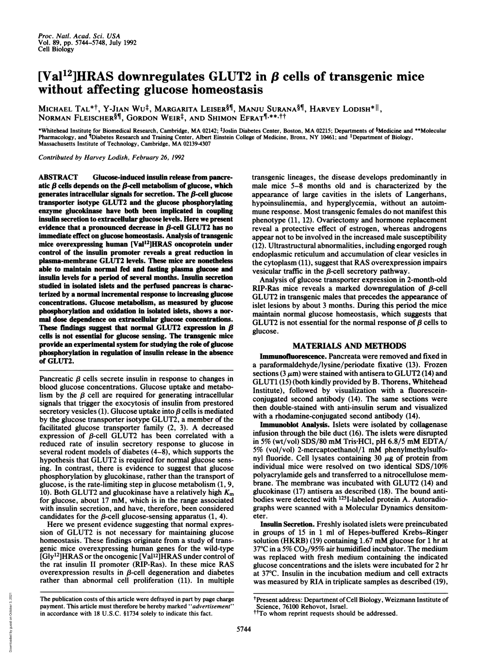 [Val12]HRAS Downregulates GLUT2 in I6 Cells of Transgenic Mice