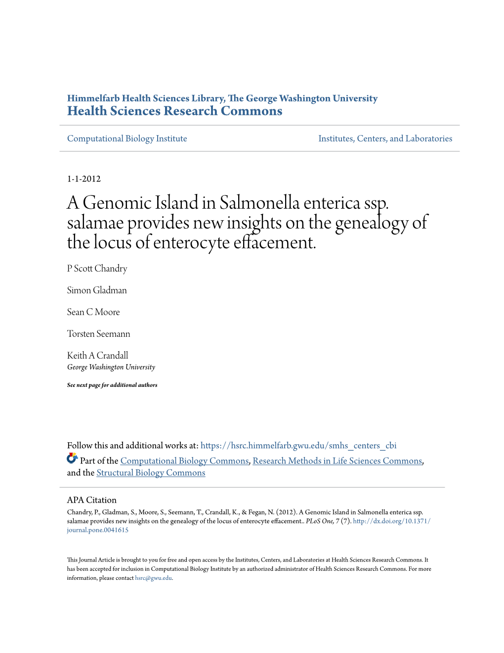 A Genomic Island in Salmonella Enterica Ssp. Salamae Provides New Insights on the Genealogy of the Locus of Enterocyte Effacement