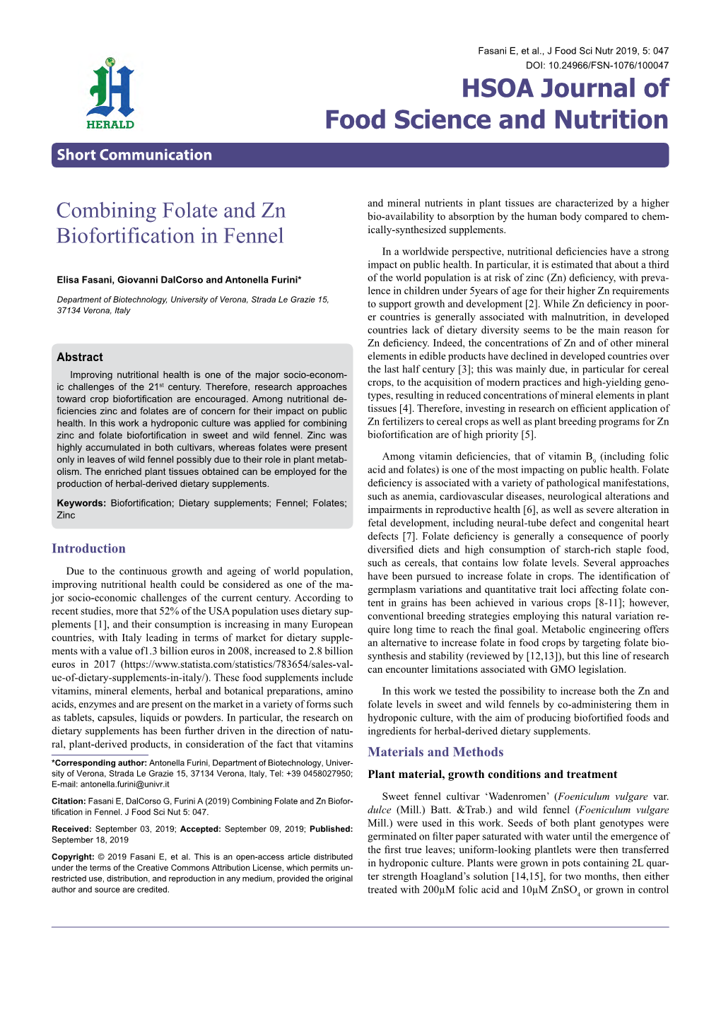 Combining Folate and Zn Biofortification in Fennel