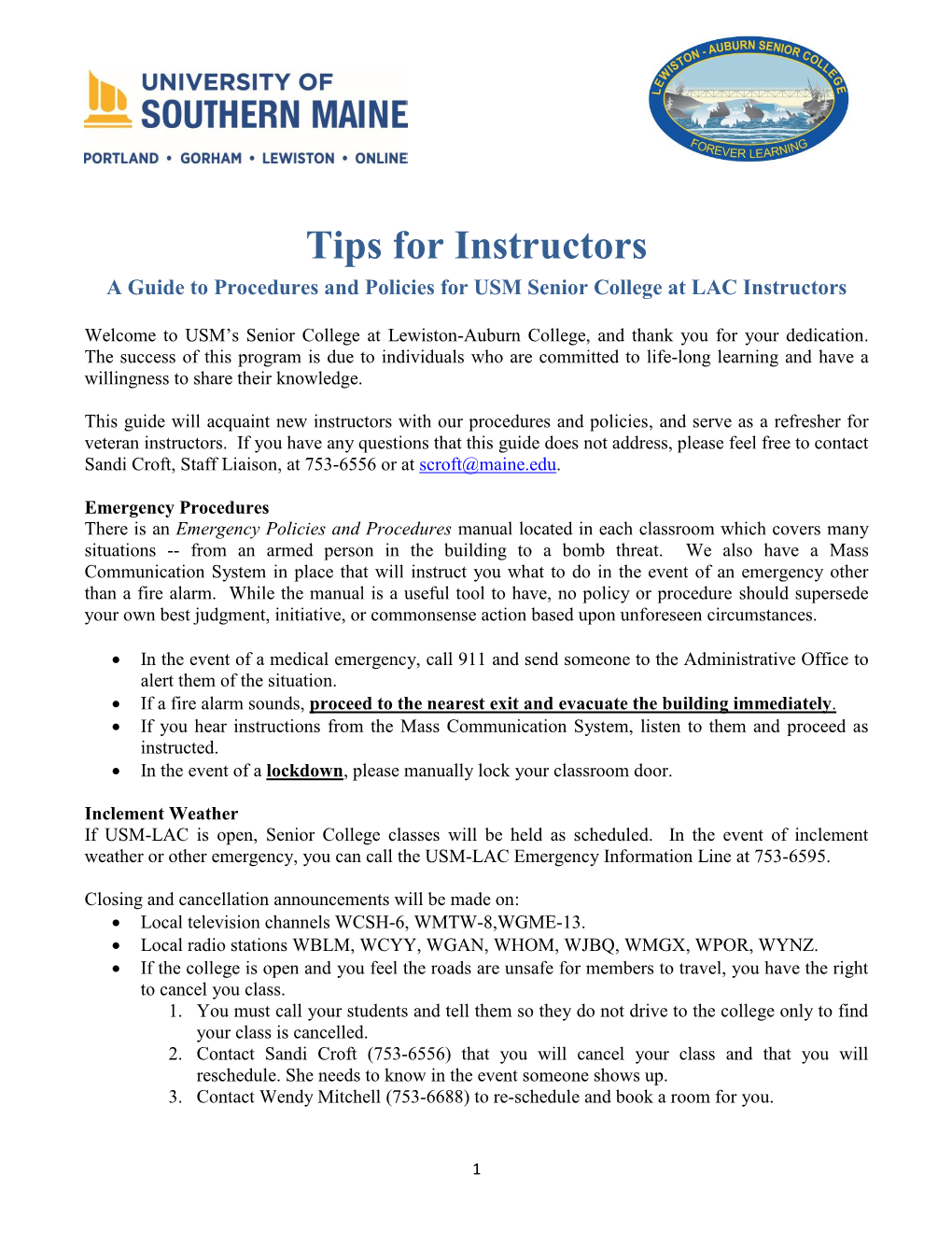 Tips for Instructors a Guide to Procedures and Policies for USM Senior College at LAC Instructors