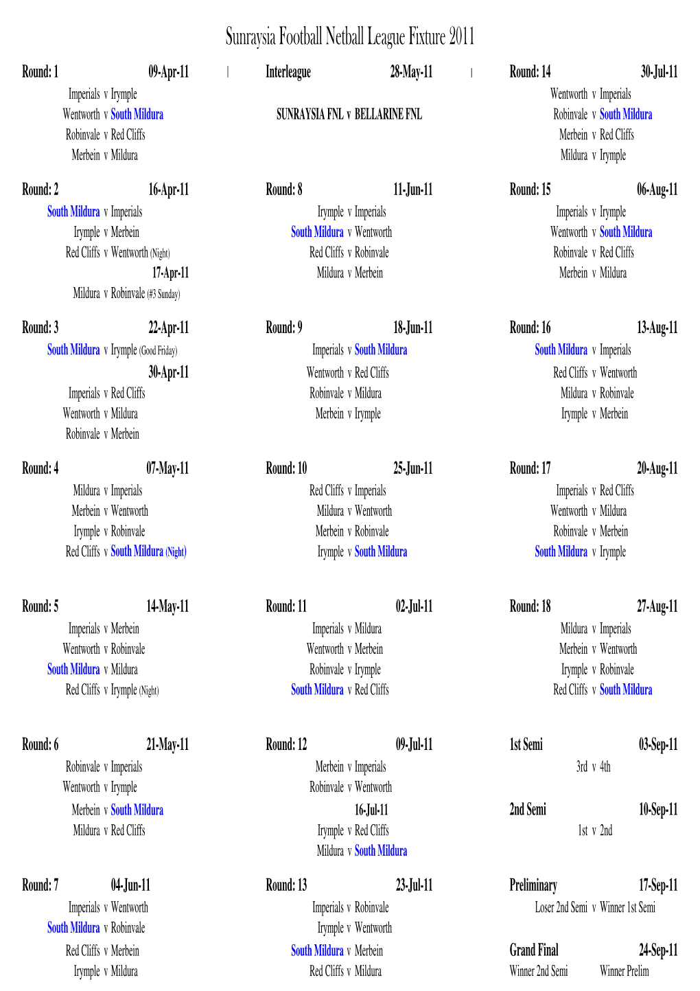 2011 SFNL Draw