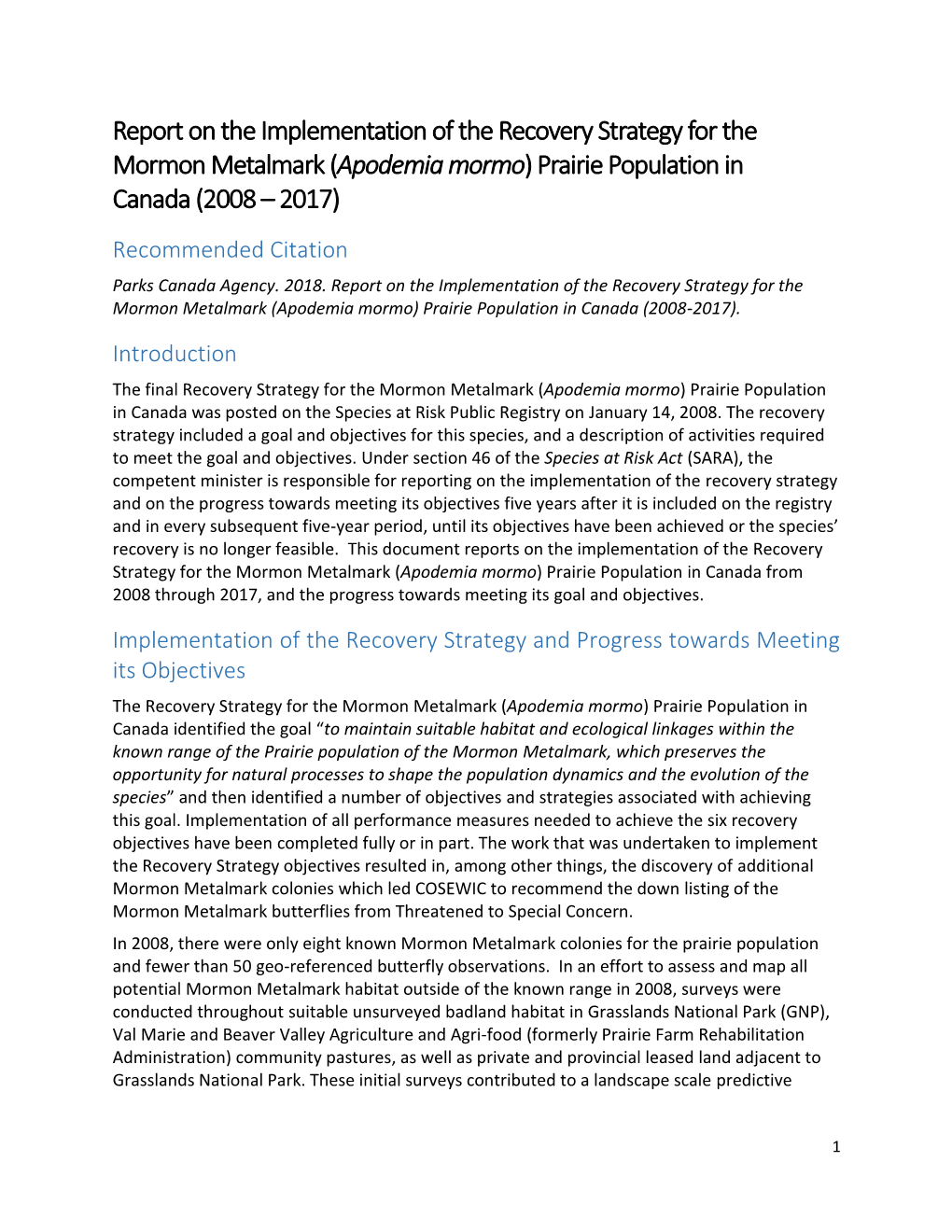 Apodemia Mormo) Prairie Population in Canada (2008 – 2017) Recommended Citation Parks Canada Agency