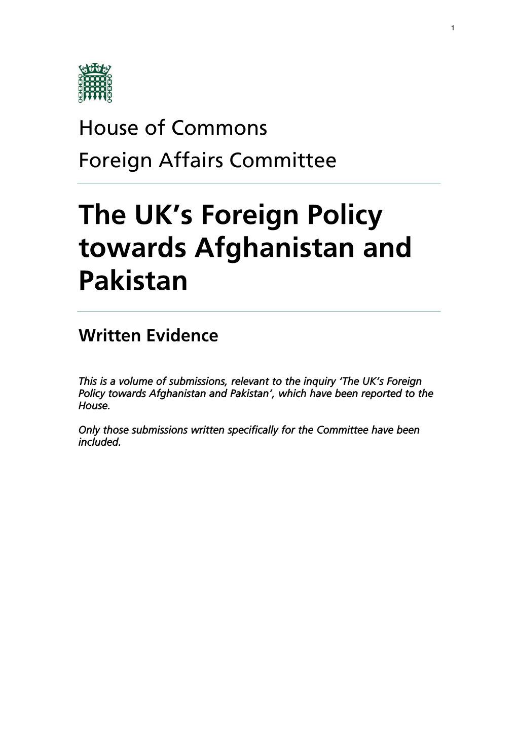 The UK's Foreign Policy Towards Afghanistan and Pakistan