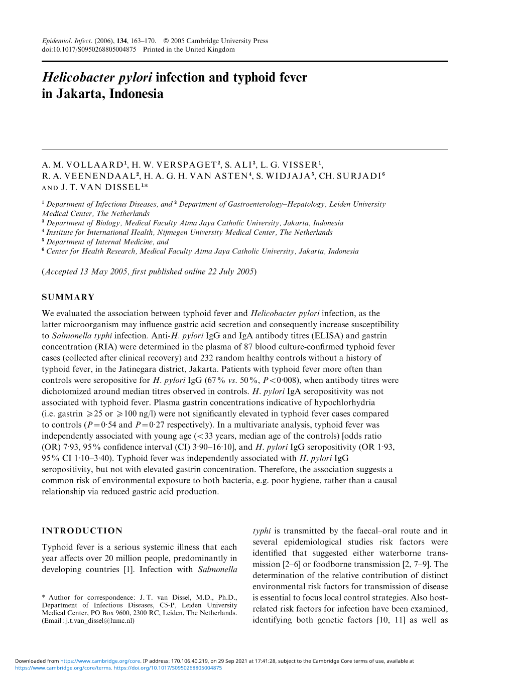 Helicobacter Pylori Infection and Typhoid Fever in Jakarta, Indonesia